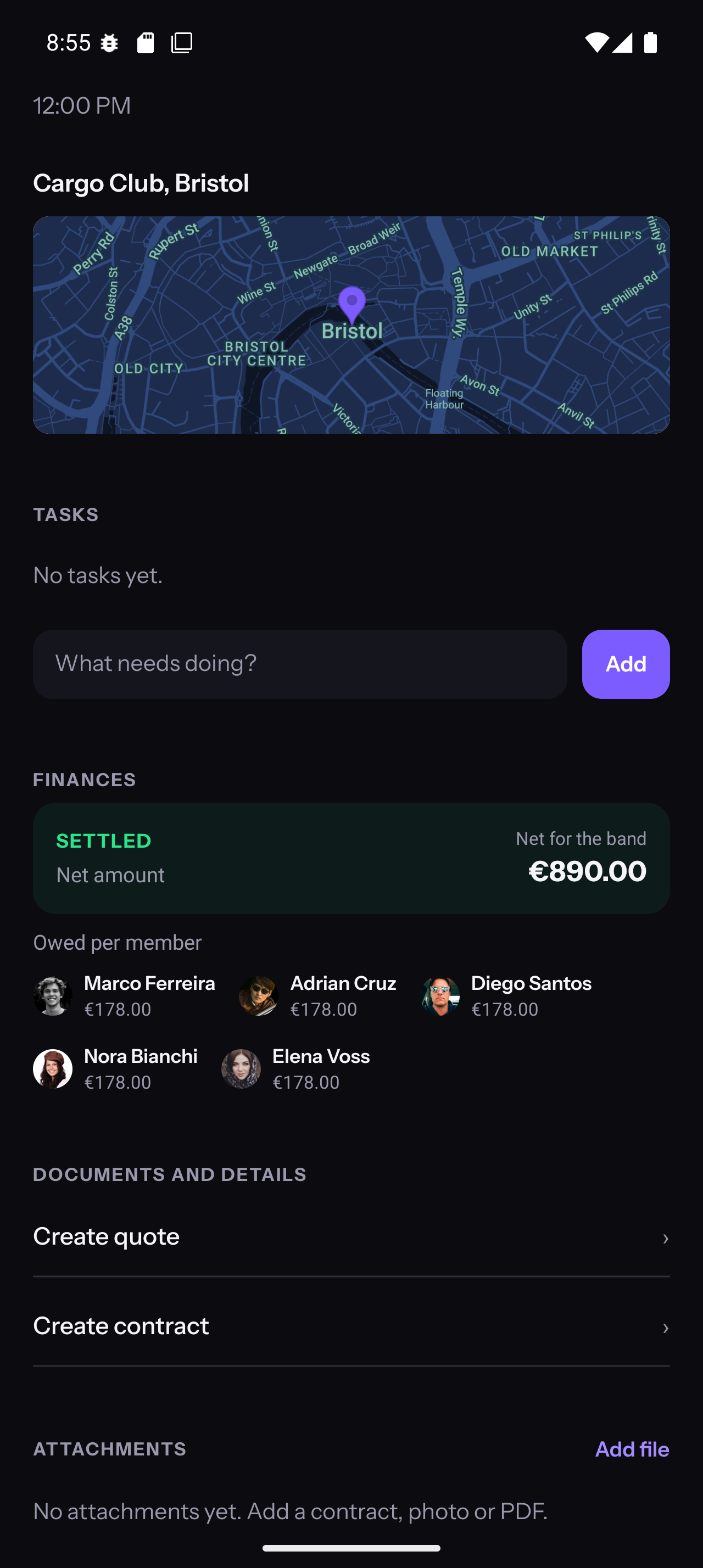 Settled gig with net amount owed per member