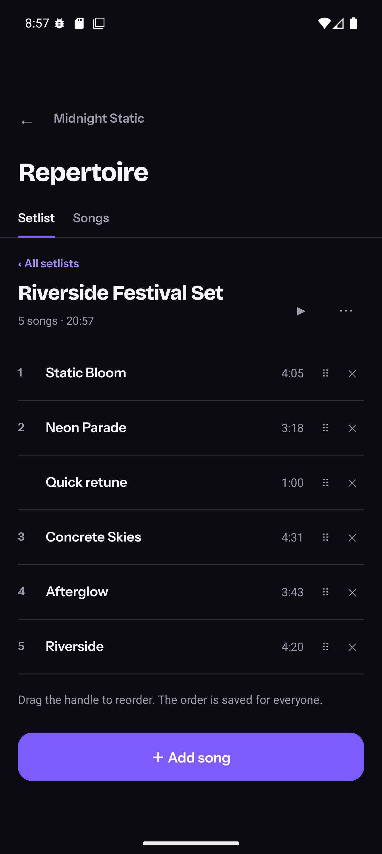 Setlist builder with song durations and total runtime