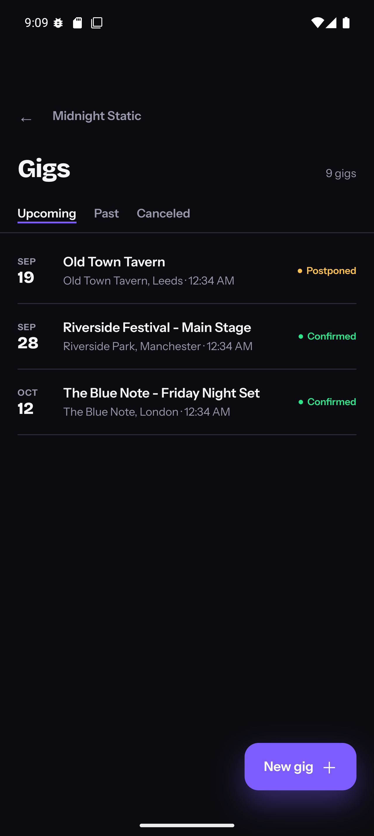 Upcoming gigs list with status