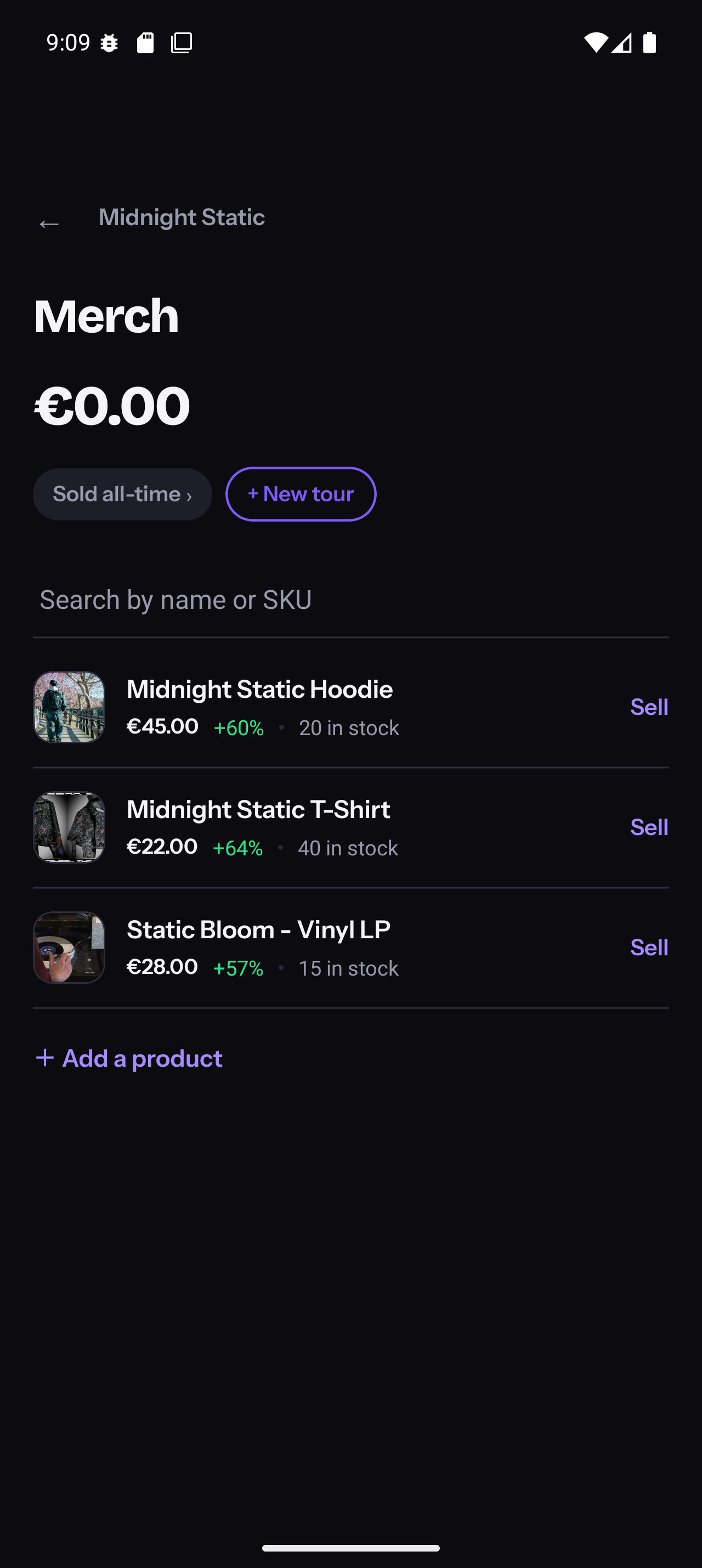 Merch catalog with prices, margins and stock